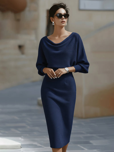 Jacqueline | Dames bodycon midi-jurk met boothals en vleermuismouwen