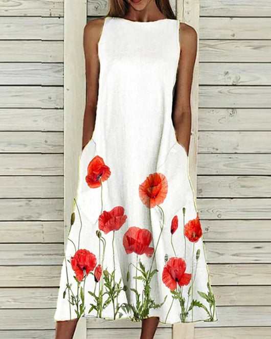 Barbara | Mouwloze dames midijurk met ronde hals en bloemenprint