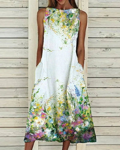 Barbara | Mouwloze dames midijurk met ronde hals en bloemenprint
