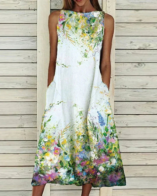 Barbara | Mouwloze dames midijurk met ronde hals en bloemenprint
