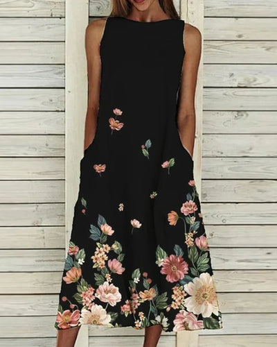 Barbara | Mouwloze dames midijurk met ronde hals en bloemenprint