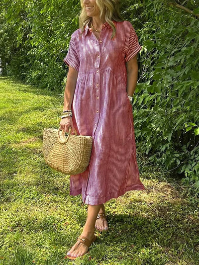 Greta | Dames gestreepte midi-jurk met knoopsluiting