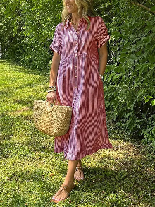 Greta | Dames gestreepte midi-jurk met knoopsluiting