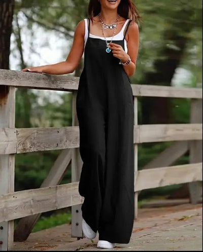 Elfriede | Linnen dames tuinbroekjumpsuit met wijde pijpen en bandjes