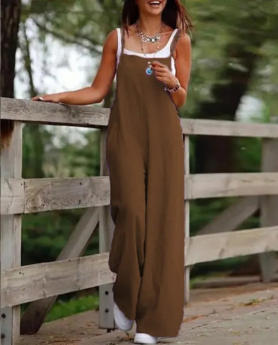 Elfriede | Linnen dames tuinbroekjumpsuit met wijde pijpen en bandjes