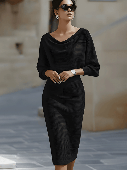 Jacqueline | Dames bodycon midi-jurk met boothals en vleermuismouwen