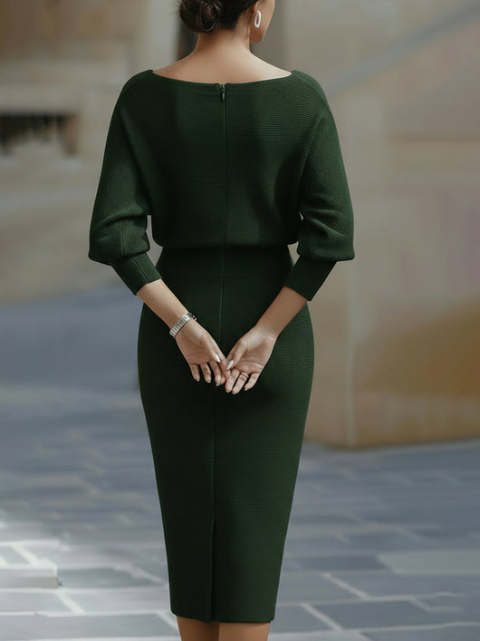 Jacqueline | Dames bodycon midi-jurk met boothals en vleermuismouwen