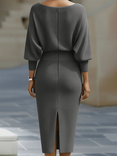 Jacqueline | Dames bodycon midi-jurk met boothals en vleermuismouwen