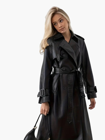 Edith | Lange dames trenchcoat van imitatieleer met ceintuur