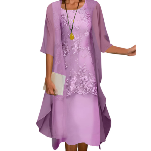 Annika | Vloeiende dames midijurk met transparante mouwen voor bruiloftsgasten