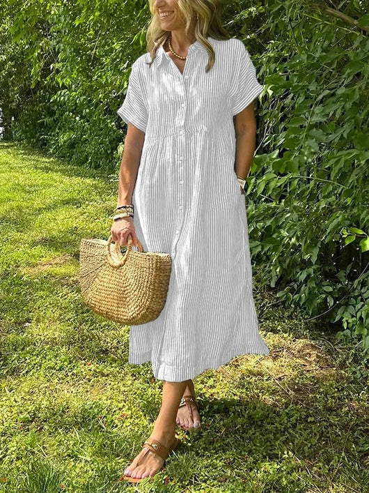 Greta | Dames gestreepte midi-jurk met knoopsluiting