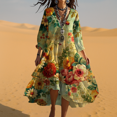 Eva | Dames vintage boho zomerjurk met V-hals