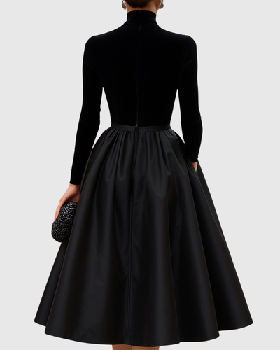 Aradia | Elegante zwarte midi-jurk van fluweel en satijn