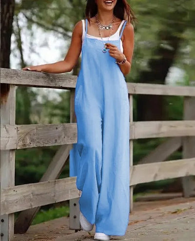 Elfriede | Linnen dames tuinbroekjumpsuit met wijde pijpen en bandjes