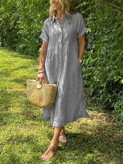 Greta | Dames gestreepte midi-jurk met knoopsluiting