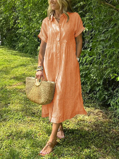 Greta | Dames gestreepte midi-jurk met knoopsluiting