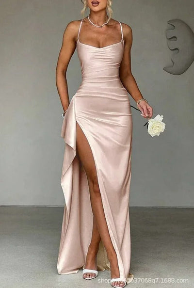 Mia | Dames satijnen bodycon maxijurk met sweetheart-hals, drapering en split