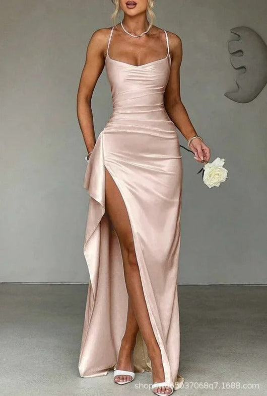 Mia | Dames satijnen bodycon maxijurk met sweetheart-hals, drapering en split