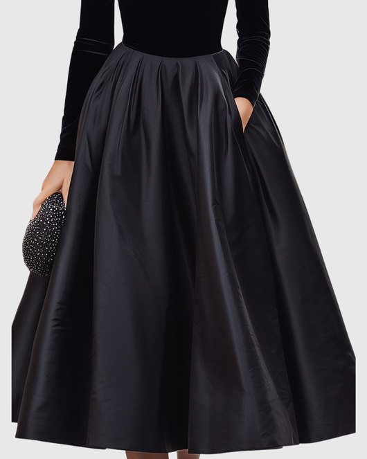 Aradia | Elegante zwarte midi-jurk van fluweel en satijn