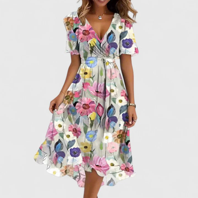 Helga | Dames midijurk met bloemenprint en V-hals