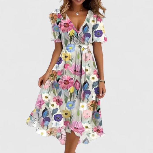 Helga | Dames midijurk met bloemenprint en V-hals
