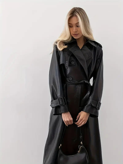 Edith | Lange dames trenchcoat van imitatieleer met ceintuur