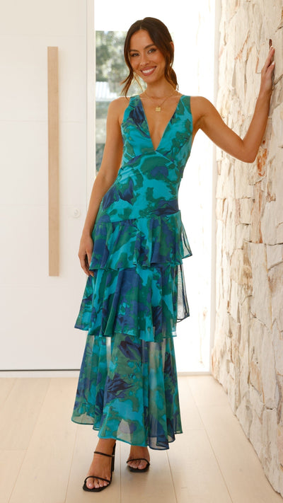 Emilia | Elegante gelaagde dames maxijurk met bloemenprint