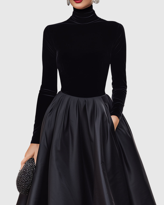 Aradia | Elegante zwarte midi-jurk van fluweel en satijn