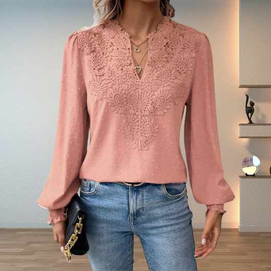 Isabella | Dames blouse met V-hals, lange mouwen en bloemendetails