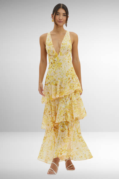 Emilia | Elegante gelaagde dames maxijurk met bloemenprint