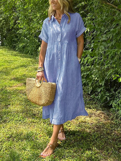 Greta | Dames gestreepte midi-jurk met knoopsluiting