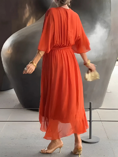 Helga | Dames midi-jurk met ceintuur en zwierige mouwen