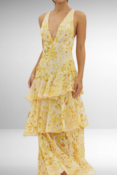 Emilia | Elegante gelaagde dames maxijurk met bloemenprint