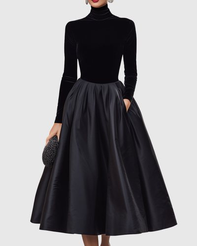 Aradia | Elegante zwarte midi-jurk van fluweel en satijn