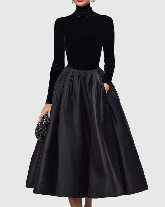 Aradia | Elegante zwarte midi-jurk van fluweel en satijn