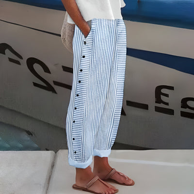 Julia | Dames gestreepte casual broek met knoopdetails