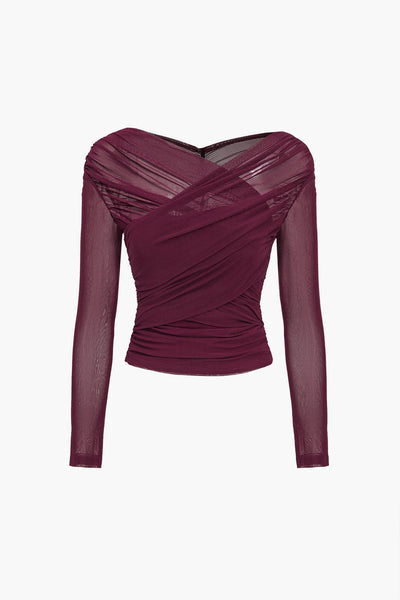 Susanne | Dames meshtop met ruches en lange mouwen