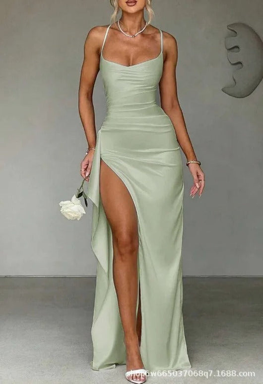 Mia | Dames satijnen bodycon maxijurk met sweetheart-hals, drapering en split
