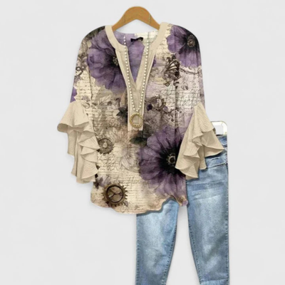 Viviane | Casual damestop met bloemenprint en volantmouwen