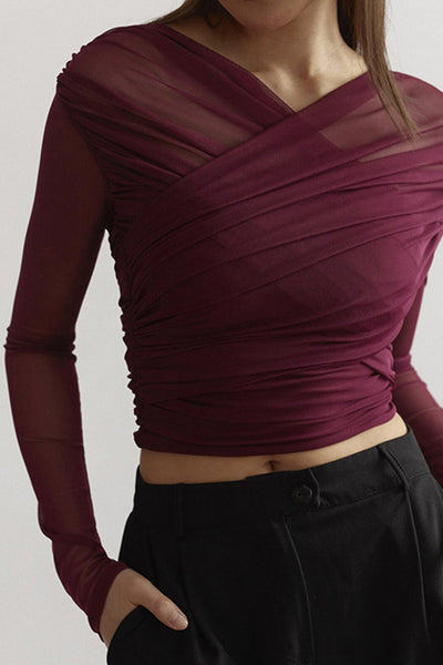 Susanne | Dames meshtop met ruches en lange mouwen