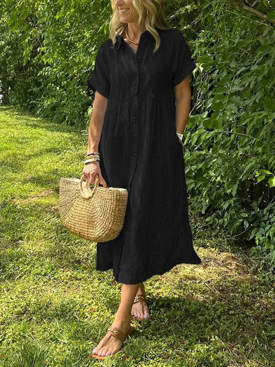Greta | Dames gestreepte midi-jurk met knoopsluiting