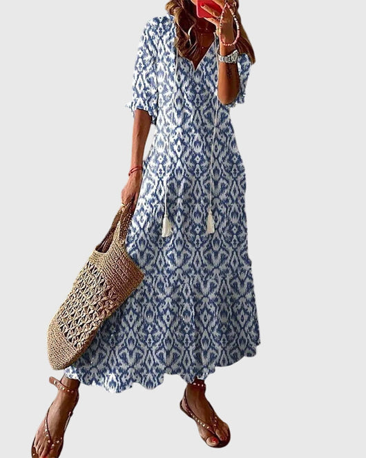Michaela | Dames boho maxijurk met V-hals