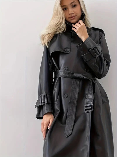 Edith | Lange dames trenchcoat van imitatieleer met ceintuur