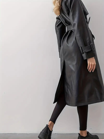 Edith | Lange dames trenchcoat van imitatieleer met ceintuur