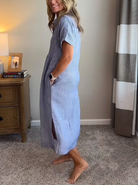 Greta | Dames gestreepte midi-jurk met knoopsluiting