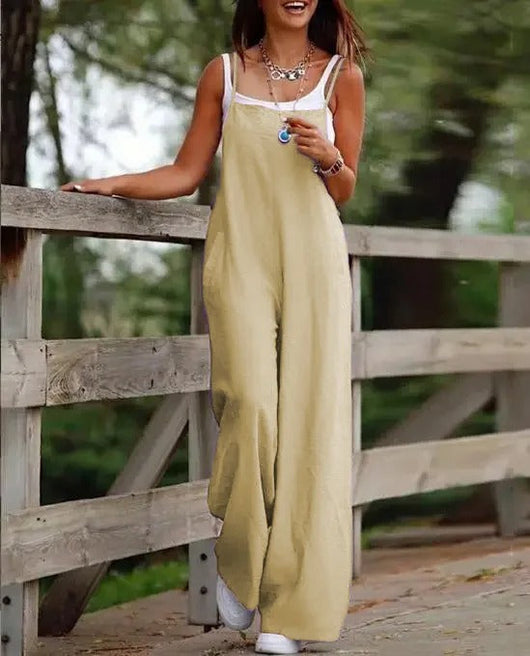 Elfriede | Linnen dames tuinbroekjumpsuit met wijde pijpen en bandjes