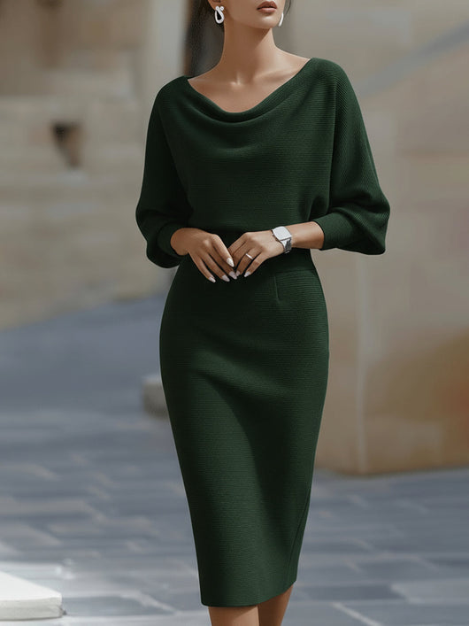 Jacqueline | Dames bodycon midi-jurk met boothals en vleermuismouwen