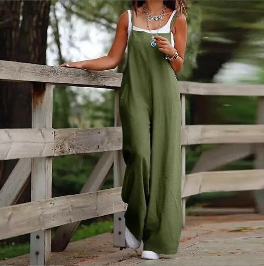 Elfriede | Linnen dames tuinbroekjumpsuit met wijde pijpen en bandjes