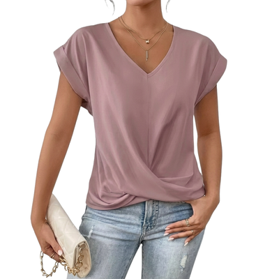 Dames blouse met korte mouwen – V-hals, los en elegant