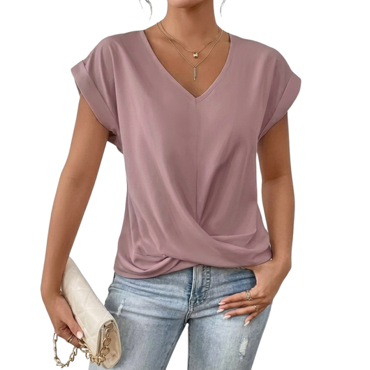 Dames blouse met korte mouwen – V-hals, los en elegant